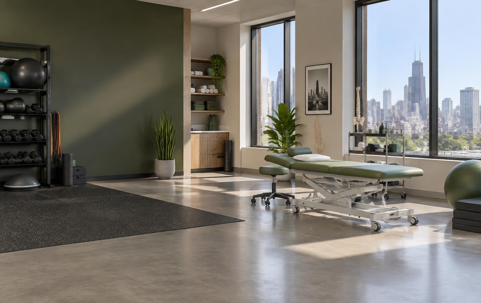 A bright physical therapy treatment room